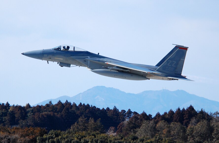 Lt. Col. James Sukenik, 67th Fighter Squadron director of operations, takes off from Hyakuri Air Base in Japan concluding the week's aviation training relocation. About 90 Airmen from Kadena spent the week at the base, about 70 miles north of Tokyo, to work and fly alongside the Japan Air Self Defense Force as well as lessen the number of flights flown from Kadena. (U.S. Air Force photo / 1st Lt. Bryan Bouchard)