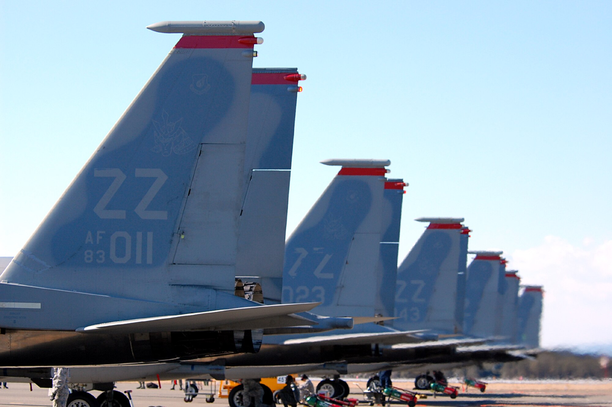 Maintenance crews from the 67th Aircraft Maintenance Unit ready F-15s for return to Kadena following an aviation training relocation at Hyakuri Air Base, Japan. About 90 Airmen from Kadena operated from the base, about 70 miles north of Tokyo, for the week as part of bilateral training efforts. (U.S. Air Force photo / 1st Lt. Bryan Bouchard)