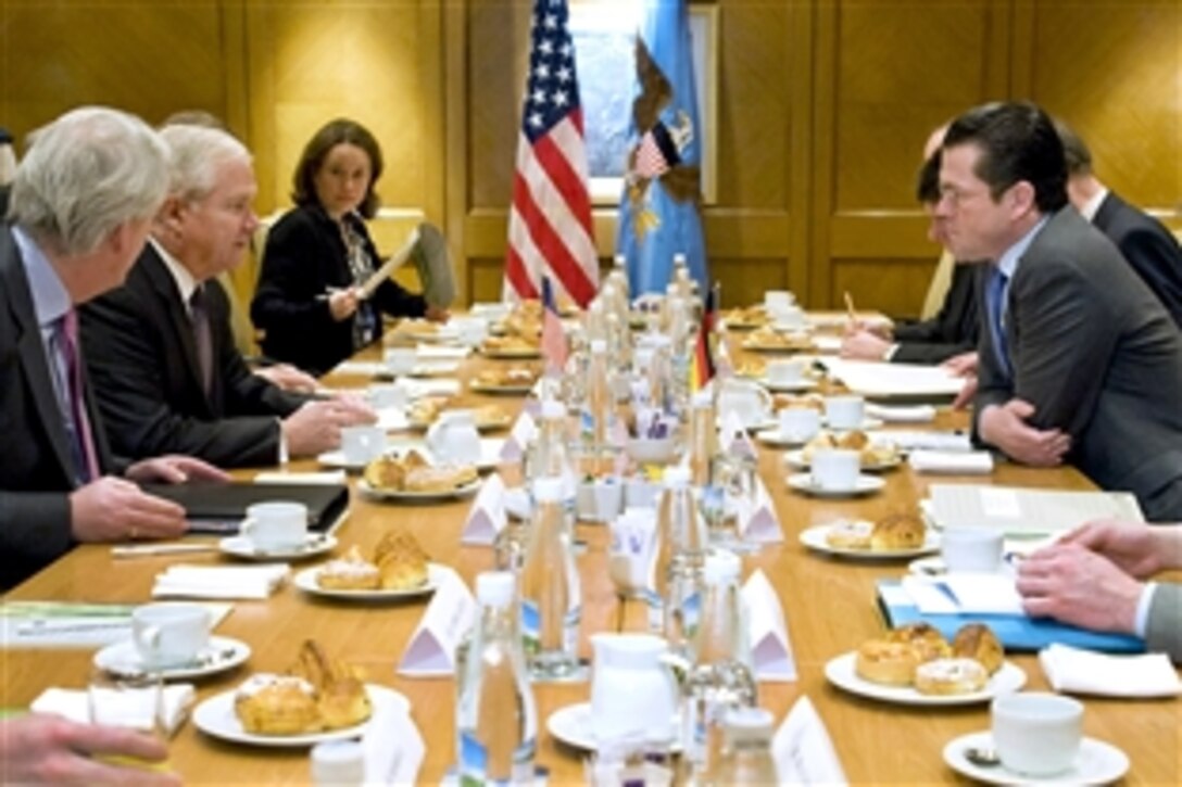 U.S. Defense Secretary Robert M. Gates, left center, meets with German Defense Minister Karl-Theodor von und zu Guttenberg during the NATO Defense Ministerial in Istanbul, Feb. 5, 2010.  