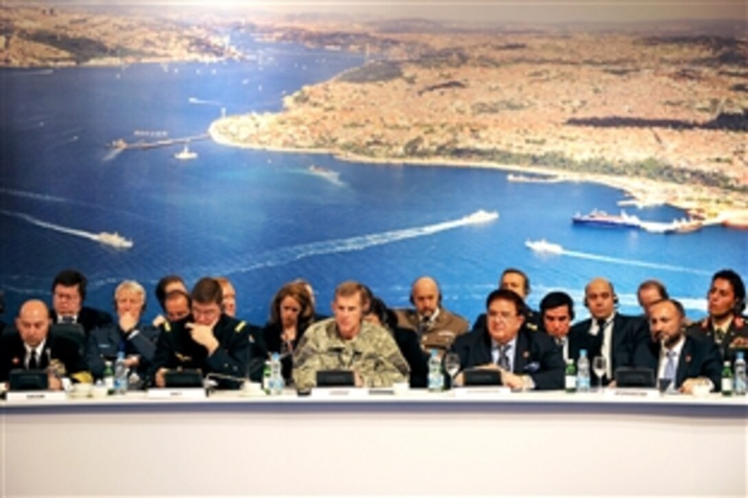 U.S. Army Gen. Stanley A. McChrystal, center, commander of International Security Assistance Force and U.S. Forces in Afghanistan, attends the NATO Defense Ministerial in Istanbul, Feb. 5, 2010.   