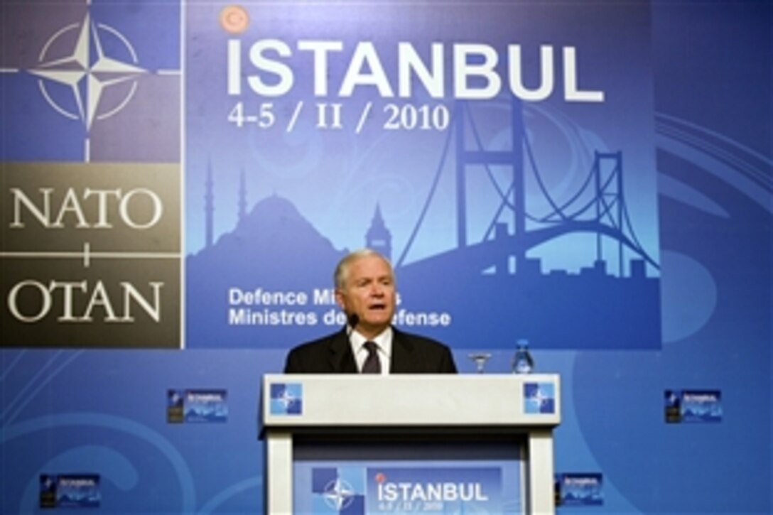 U.S. Defense Secretary Robert M. Gates conducts a press conference following the NATO Defense Ministerial in Istanbul, Feb. 5, 2010.   