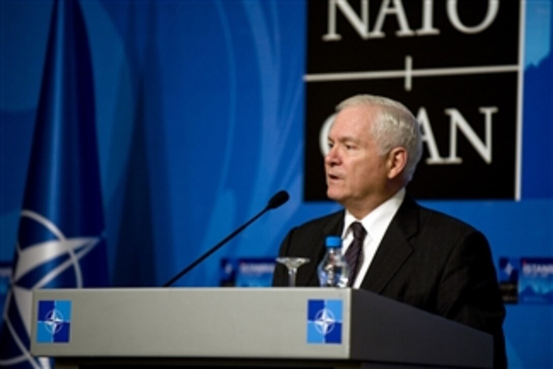 Secretary of Defense Robert M. Gates conducts a press conference following the NATO Defense Ministerial in Istanbul, Turkey, on Feb. 5, 2010.   