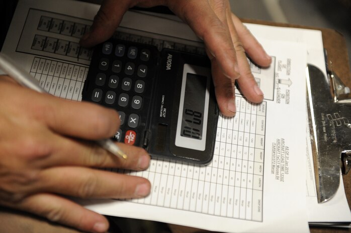 Tech. Sgt. Joshua B. Wilberg, a C-17 Globemaster III loadmaster assigned to the 816th Expeditionary Airlift Squadron, calculates the weight distribution of 60,000 pounds of food and water to be air-dropped over a forward-operating base in Afghanistan, Feb. 1, 2010.  (U.S. Air Force photo/Staff Sgt. Manuel J. Martinez/released)