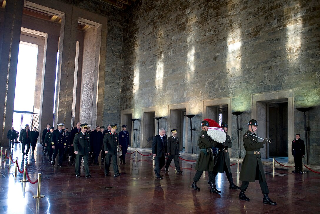 U.S. Defense Secretary Robert M. Gates prepares to lay a wreath at Anitkabir Mausoleum, named after the founder of the Republic of Turkey Mustafa Kemal Ataturk, in Ankara, Turkey, Feb. 6, 2010.