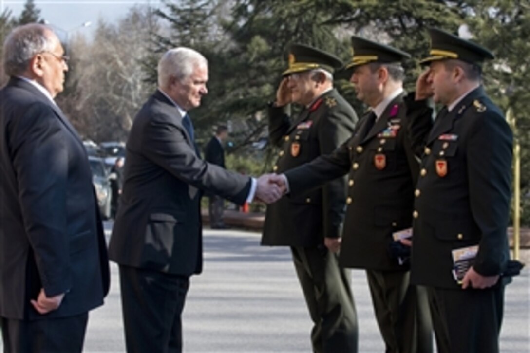 U.S. Defense Secretary Robert M. Gates meets with Turkish military members as Defense Minister Vecdi Gonul looks on at the Ministry of Defense in Ankara, Turkey, Feb. 6, 2010.