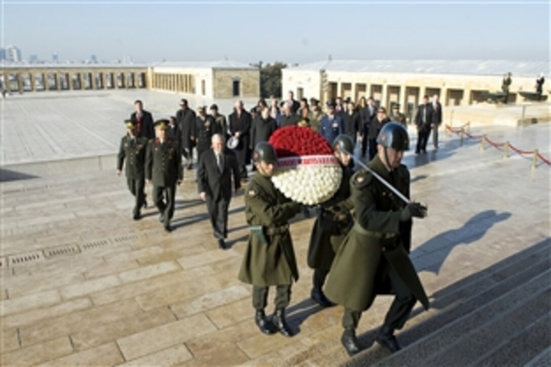 U.S. Defense Secretary Robert M. Gates prepares to lay a wreath at Anitkabir Mausoleum, named after the founder of the Republic of Turkey Mustafa Kemal Ataturk, in Ankara, Turkey, Feb. 6, 2010. 