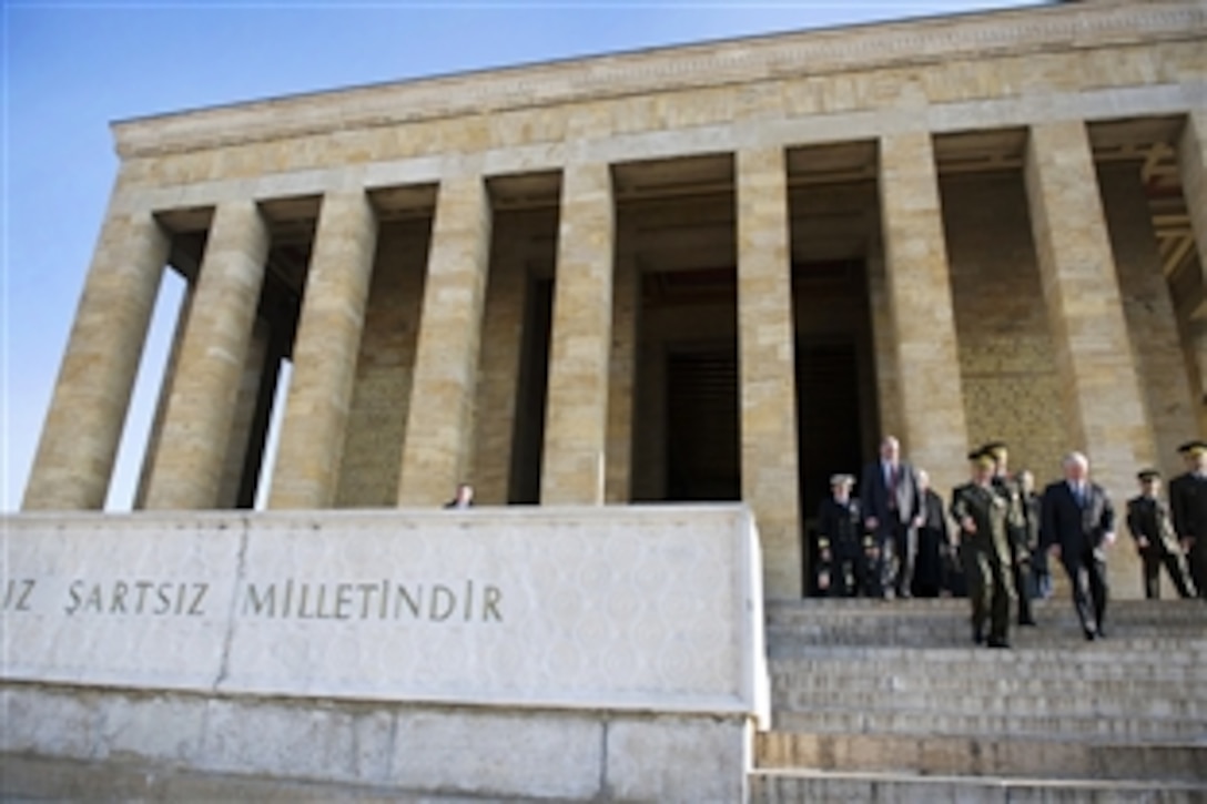 U.S. Defense Secretary Robert M. Gates leaves the building after laying a wreath at Anitkabir Mausoleum, named after the founder of the Republic of Turkey Mustafa Kemal Ataturk, in Ankara, Turkey, Feb. 6, 2010.