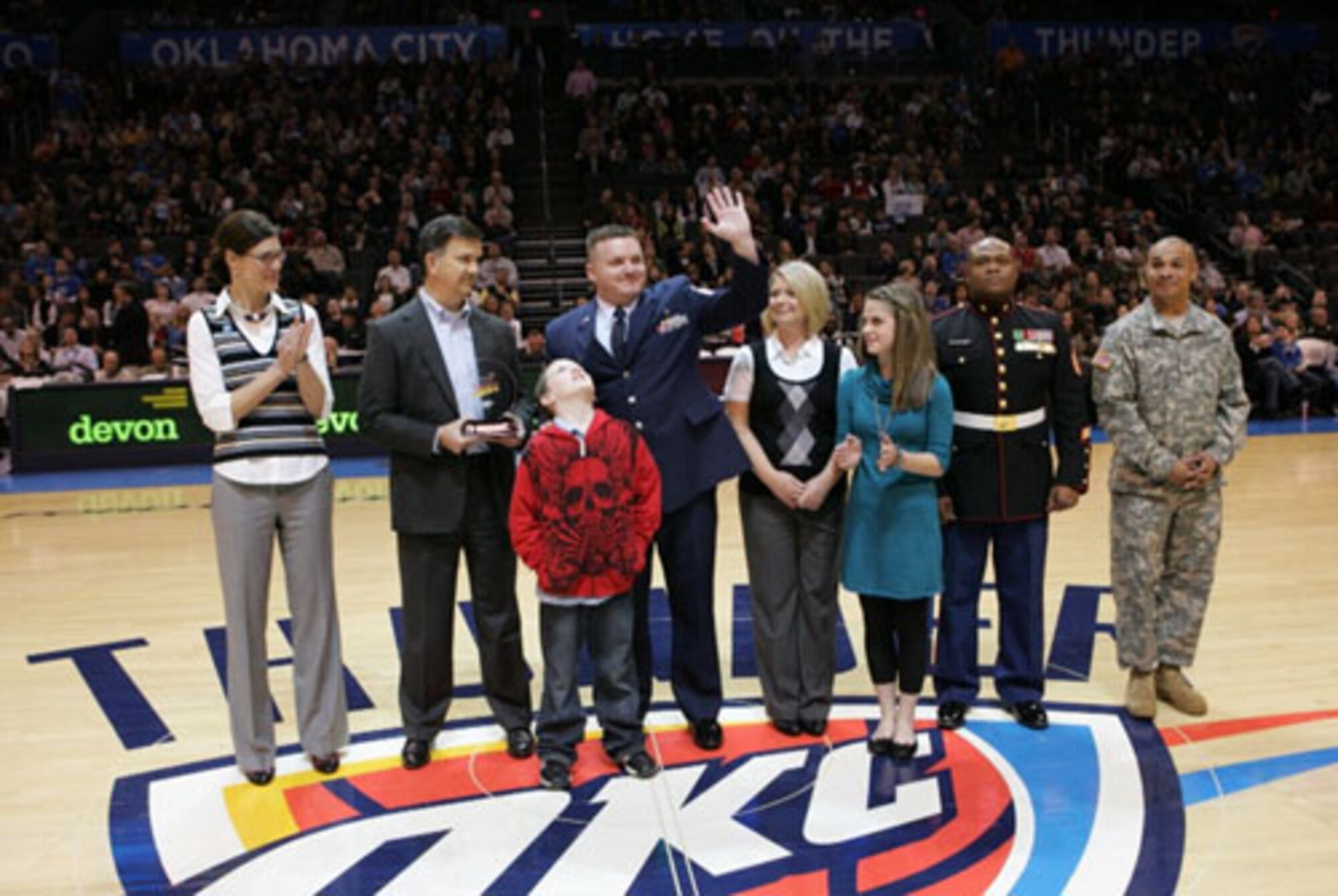 Master Sgt. Spencer Cluff, a member of the 507th Medical Squadron and founder of Kidz 4 Troops, was honored with a Community Hero Award. Cluff’s award was presented during a halftime Oklahoma City Thunder’s game. The Thunder organization and Devon Energy recognized Kidz 4 Troop’s support of all service members. Kidz 4 Troops promotes correspondence between students and service members. To date, Kidz 4 Troops has received over 300,000 letters from students in over 33 states.    