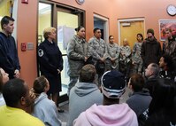 Master Sgt. Tiffany Lopez and husband Tech. Sgt. Raul Lopez, 96th Air Base Wing, take questions from new reserve enlistees about what it will be like at basic training.  The sergeants,  both former active-duty military training instructors at Lackland AFB, Texas, volunteered their time to help new the recruits prepare for basic training during the drill weekend here.  The instructors showed them how to line up, perform facing movements and deliver a reporting statement.  The husband and wife team spent four years instructing new trainees at Lackland graduated 25 flights from Basic Military Training.  (U.S. Air Force photo/Tech. Sgt. Samuel King Jr.) 