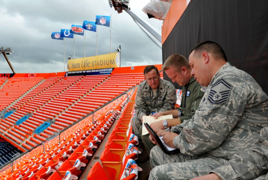 125th Fighter Wing Detachment 1 Commander, Lt. Col. Mike Birkeland (center), SMSgt. Eddie Diaz,  Det. 1 Chief Enlisted Manager,(right) and Lt. Col. Richard Bittner, 125th Fighter Wing Public Affiars discuss the timing and operations plan of the Florida Air National Guard's upcoming flyover for Superbowl XLIV. Lt. Col. Birkeland and SMSgt. Diaz will be the ground crew orchestrating the timing and successful flyover of four F-15 Eagles from the 125th Fighter Wing, Florida Air National Guard base in Jacksonville, Fla. for Superbowl XLIV, February 7, 2010. (USAF Photo by TSgt. Shelley Gill)