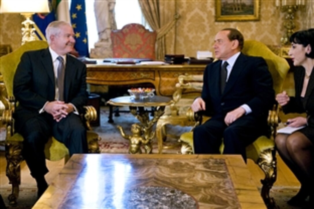 U.S. Defense Secretary Robert M. Gates meets with Italian Prime Minister Silvio Berlusconi in Rome, Feb. 7, 2010.