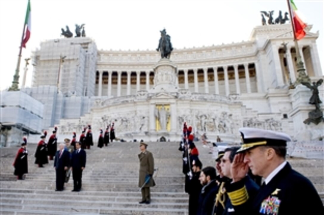 U.S. Defense Secretary Robert M. Gates and Italian Defense Minister Ignazio La Russa lay a wreath at the Italian Tomb of the Unknown Solider at the Vittorio Emanuale Monument in Rome, Feb. 7, 2010.