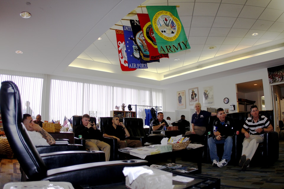 Marines from 3rd Battalion, 3rd Marine Regiment, from Marine Corps Base Kaneohe Bay, Hawaii, relax in the Palm Springs, Calif., United Service Organizations Tuesday at the Palm Springs International Airport. The USO is involved in many programs aboard the installation, to include Wounded Warriors.