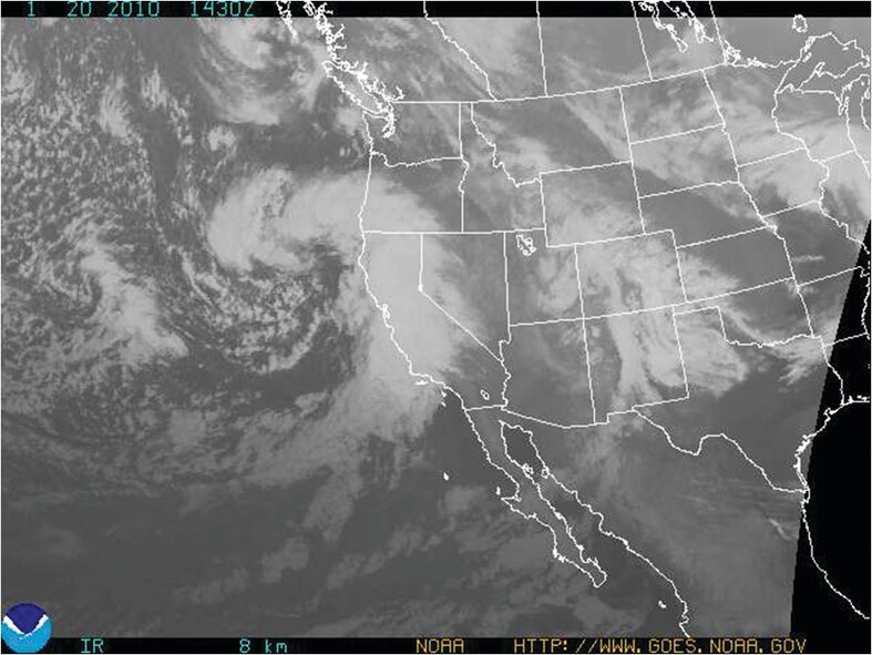 A weather system moves into Southern California last week. Chief forecaster Mark Ditter used this National Oceanic and Atmospheric Administration imagery during his morning weather briefing.