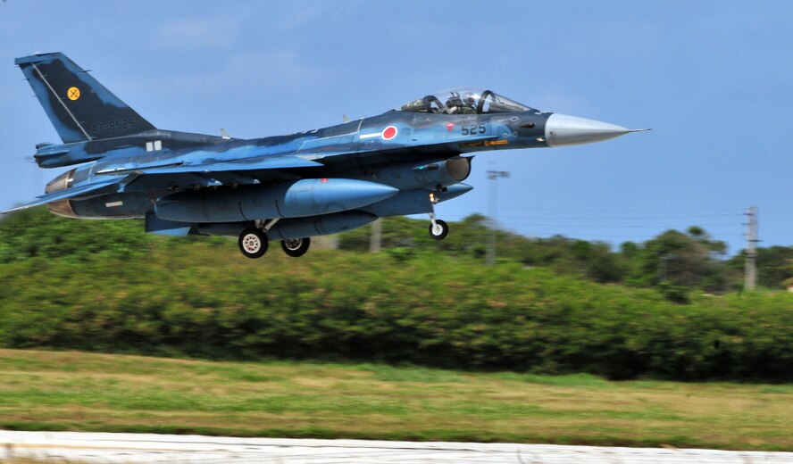 ANDERSEN AIR FORCE BASE, Guam - A Japan Air Self Defense Force F-2 fighter lands here Feb. 5 in order to participate in the two-week Cope North exercise. The Japanese F-2 single-engine fighter has performance capabilities roughly comparable to those of the U.S. F-16. (U.S. Air Force photo by Airman 1st Class Julian North /Released)