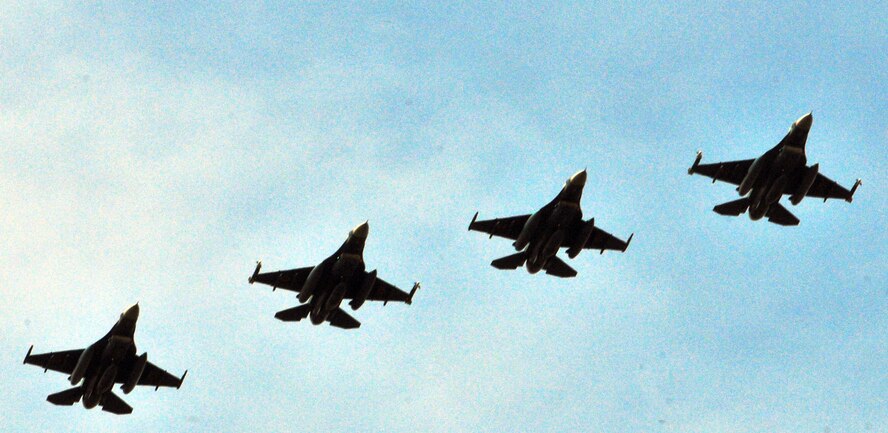 ANDERSEN AIR FORCE BASE, Guam - Four Japan Air Self Defense Force F-2 prepare to land here Feb. 5 to participate in the two-week Cope North exercise. The Japanese F-2 single-engine fighter has performance capabilities roughly comparable to those of the U.S. F-16. (U.S. Air Force photo by Airman 1st Class Julian North /Released)
