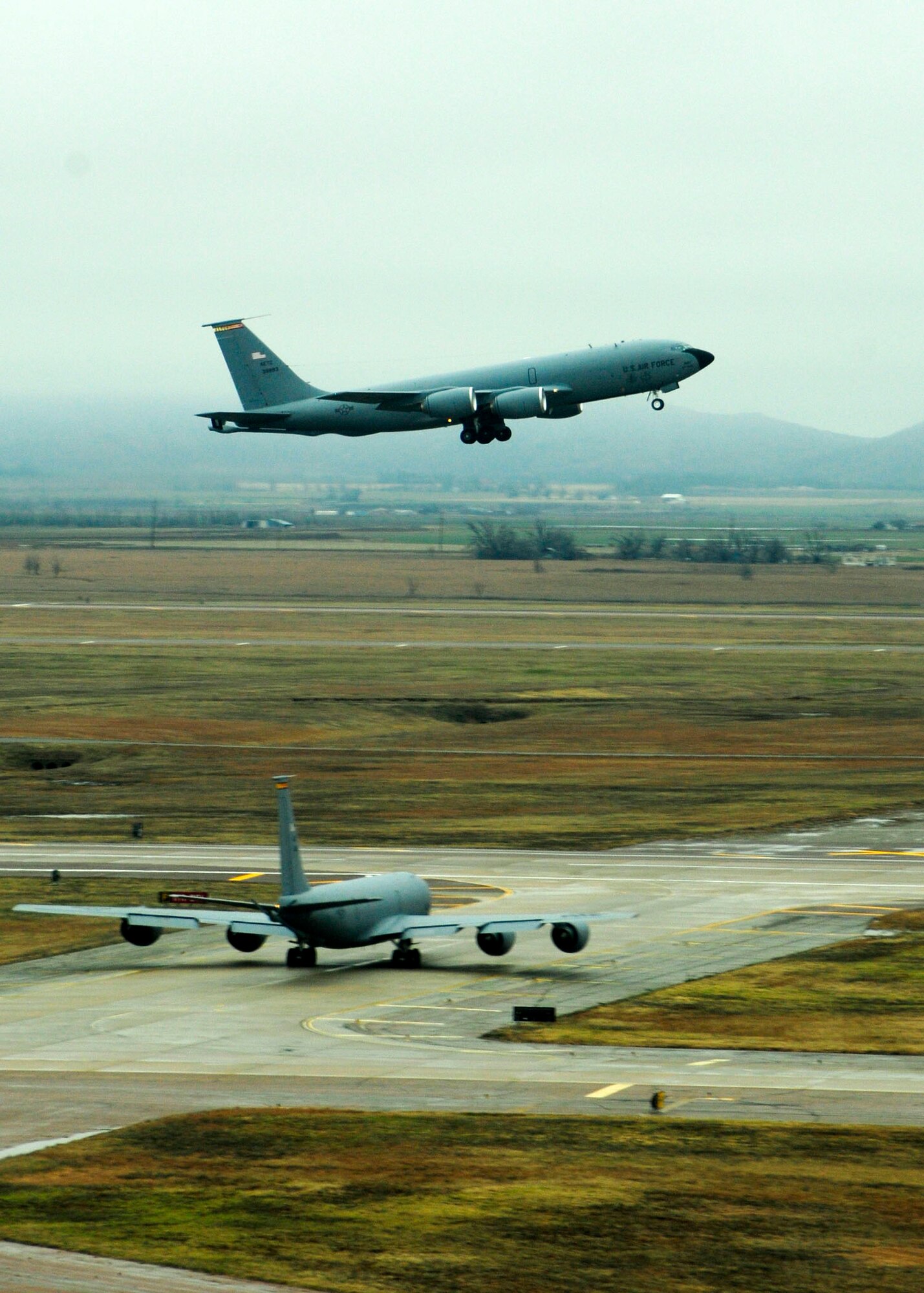 KC-135 Stratotankers take off Feb. 4, 2010, from Altus Air Force Base, Okla., to Lackland AFB, Texas. The KC-135s are relocating to the Lackland AFB area to continue flight training for Altus AFB pilots because of the severe ice storm that swept through Altus AFB Jan. 28. (U.S. Air Force photo/Airman 1st Class Myles Stepp)
