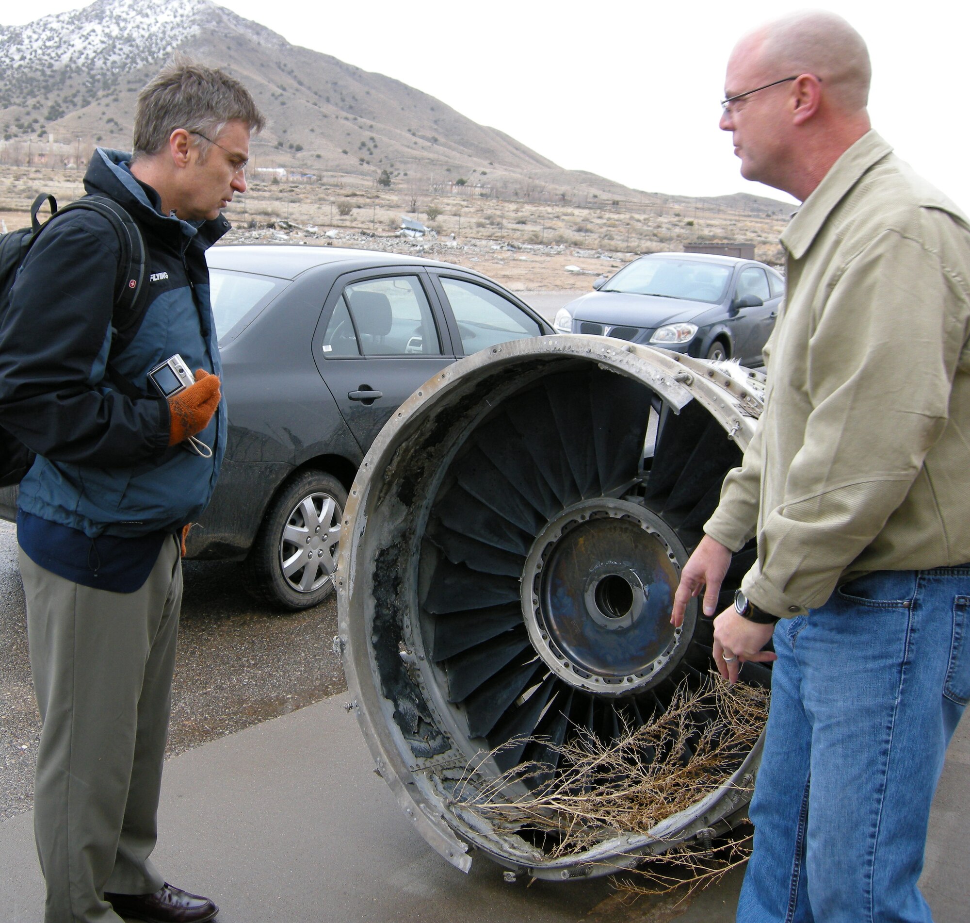 Robert Goyer, FLYING Magazine senior editor, was given a briefing and tour of the Air Force Crash Laboratory by Jeff Thomas, lead instructor.  U.S. Air Force photo by Marie Vanove
