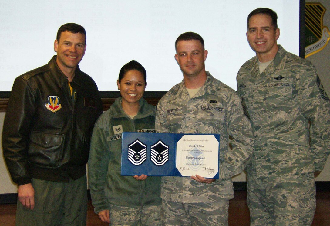 LANGLEY AIR FORCE BASE, Va. -- Col. Matt Molloy, 1st Fighter Wing commander, STEP promoted Tech. Sgt. Brian Griffiths, 1st Maintenance Operations Squadron, to master sergeant Jan. 29. (U.S. Air Force photo/Staff Sgt. Lisette Spencer)