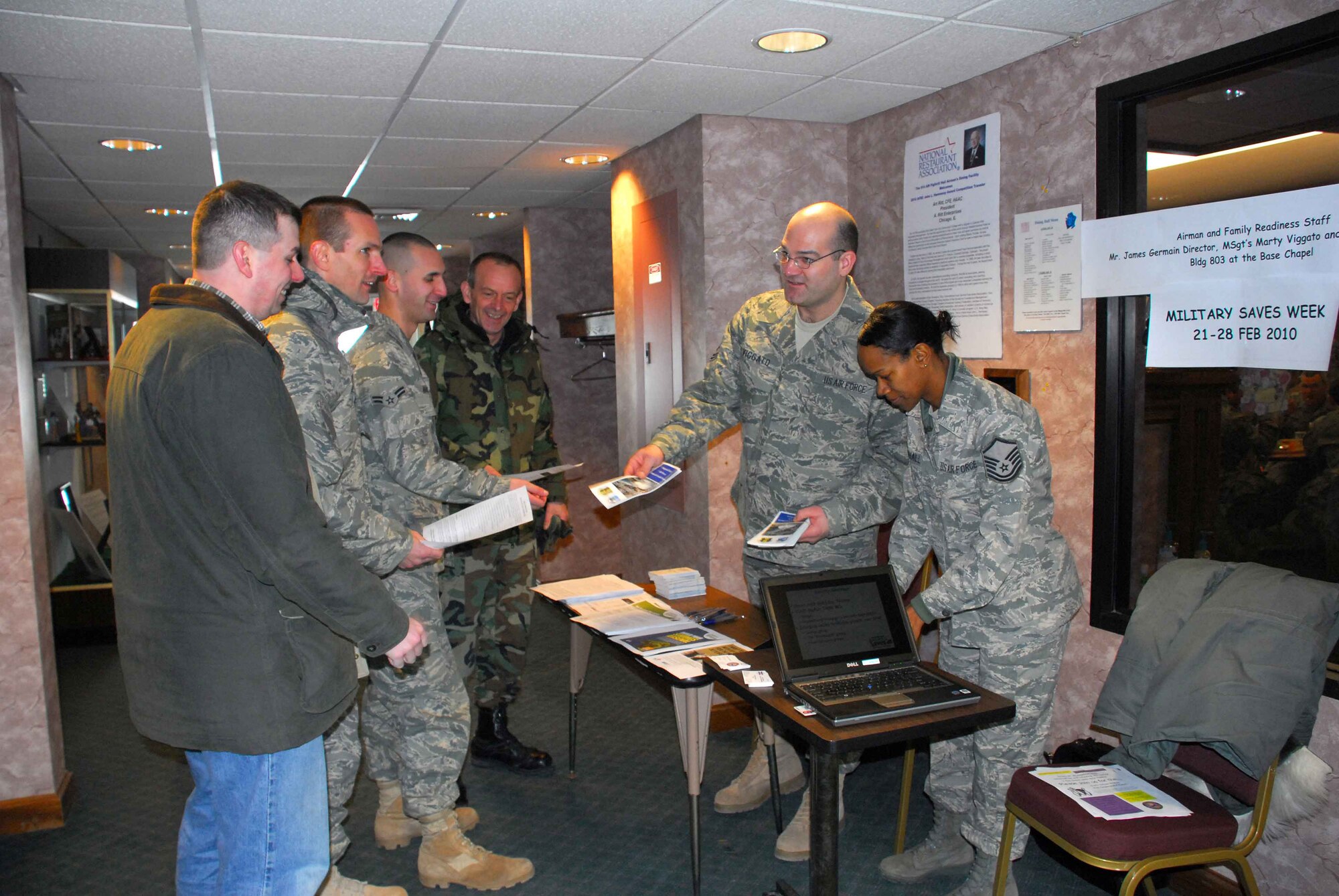 The 914th Airman and Family Readiness staff, in conjunction with the Services Squadron, promoted ?Military Saves Week? at the Dining Hall on Saturday 6 Feb 2010.    When unit members filed in for lunch. (U.S Air Force photo by Mike Harvey)