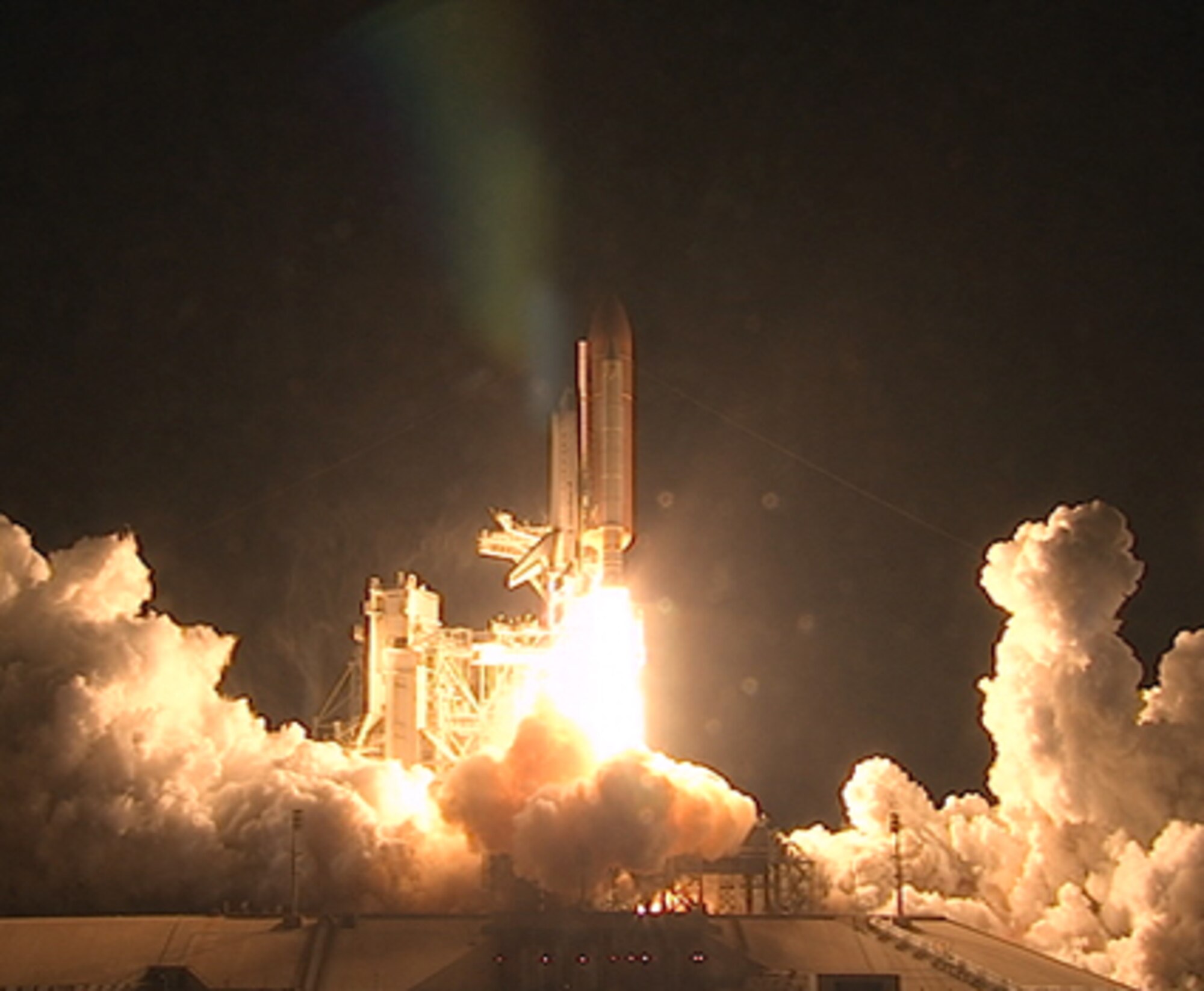Space shuttle Endeavour roars off Launch Pad 39A on its STS-130 mission to deliver Tranquility and cupola to the International Space Station. Image credit: NASA TV 