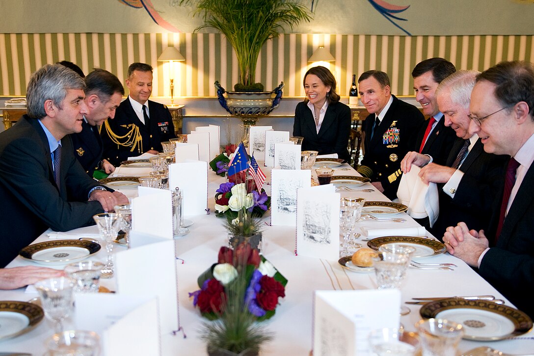 U.S. Defense Secretary Robert M. Gates meets with French Defense Minister Herve Morin in Paris, Feb. 8, 2010.