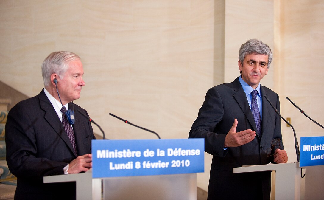 U.S. Defense Secretary Robert M. Gates and French Defense Minister Herve Morin conduct a joint press conference in Paris, Feb. 8, 2010.