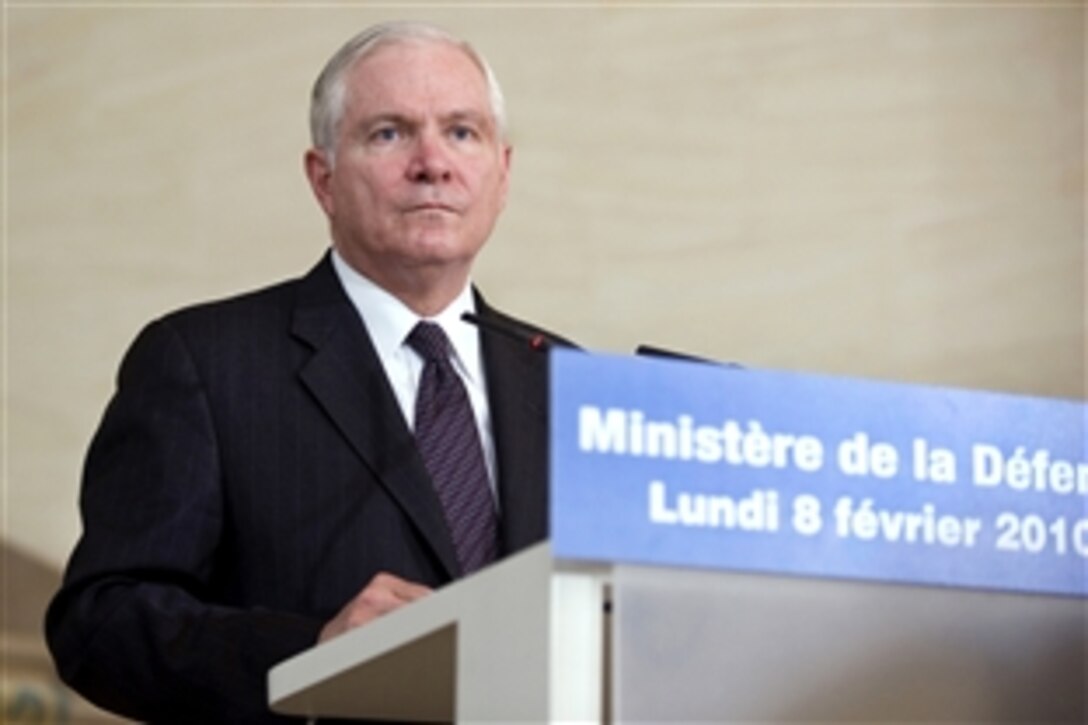 U.S. Defense Secretary Robert M. Gates responds to a question during a press conference in Paris, Feb. 8, 2010.