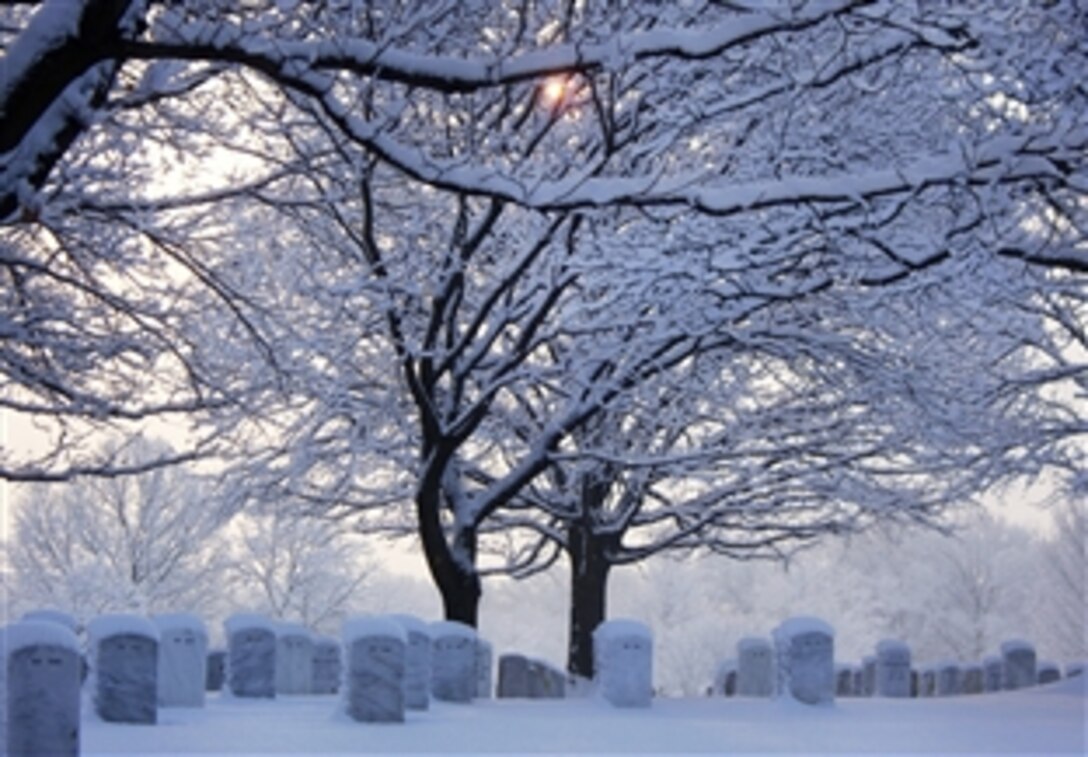 Arlington National Cemetery in Virginia sits under a white blanket after a storm dumped nearly 24 inches of snow on across much of the mid-Atlantic region, Feb. 7, 2010. The cemetary was open Feb. 8, 2010, for scheduled funerals, but closed to visitors.