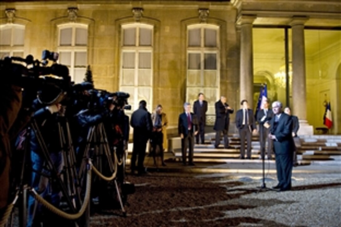 U.S. Defense Secretary Robert M. Gates speaks to members of the press after meeting with French President Nicolas Sarkozy at Palais de l'Elysee in Paris, Feb. 8, 2010.
