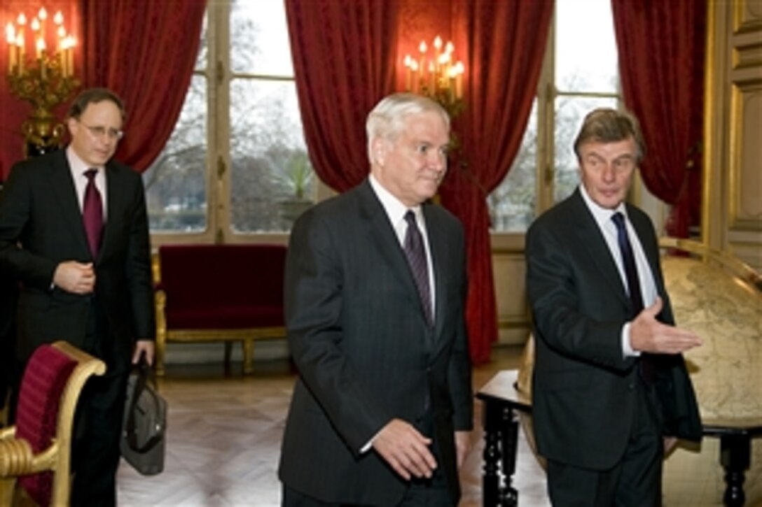 U.S. Defense Secretary Robert M. Gates meets with French Foreign Minister Bernard Kouchner in Paris, Feb. 8, 2010.