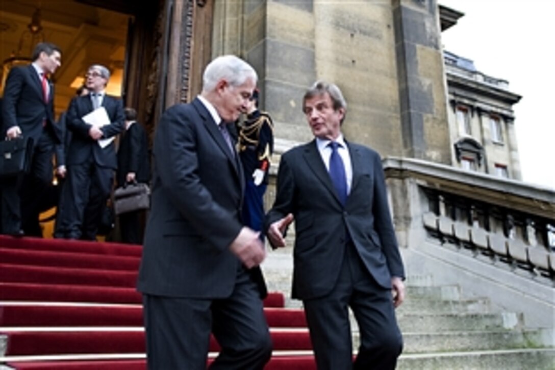 U.S. Defense Secretary Robert M. Gates meets with French Foreign Minister Bernard Kouchner in Paris, Feb. 8, 2010.