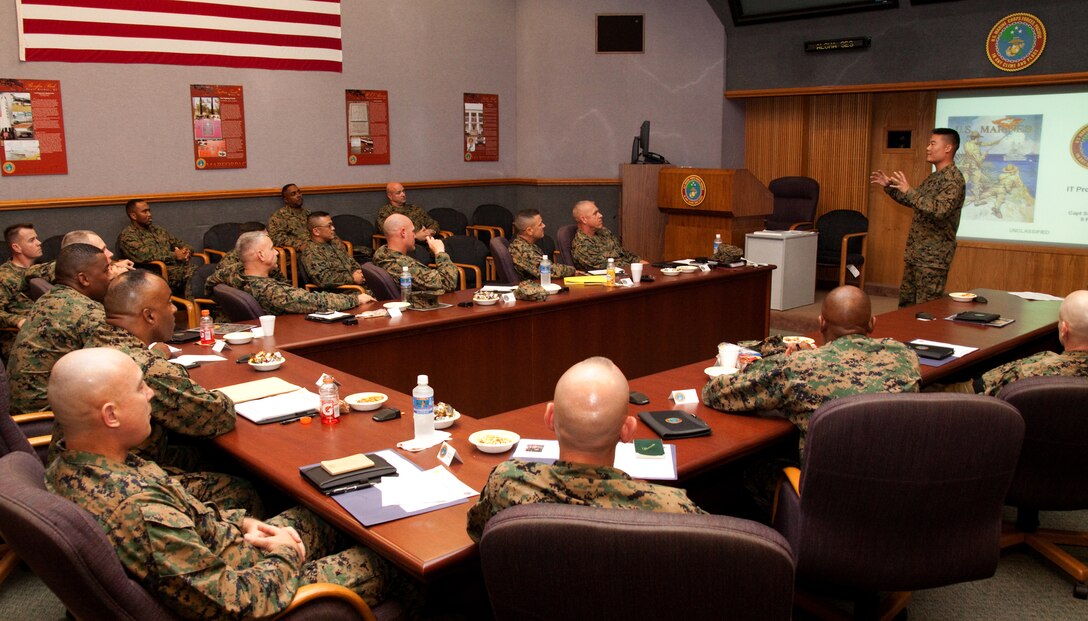 Senior sergeants major and master gunnery sergeants attend the 2010 U.S. Marine Corps Forces Pacific Senior Enlisted Symposium Feb. 9 on Camp H.M. Smith, Hawaii. The purpose of the symposium was to bring MarForPac's top enlisted together, discuss current operations and address issues Marines face in combat and at home. (U.S. Marine Corps Photo by Sgt. Juan D. Alfonso) (Released)