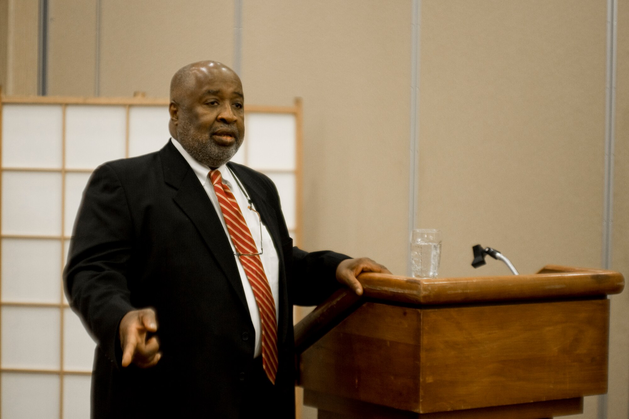 MISAWA AIR BASE, Japan -- Federal Judge Sterling Johnson gives remarks during a luncheon Feb. 10 at the collocated club. Judge Johnson is a federal judge for the United States District Court for the Eastern District of New York. (U.S. Air Force photo/Senior Airman Jamal D. Sutter)
