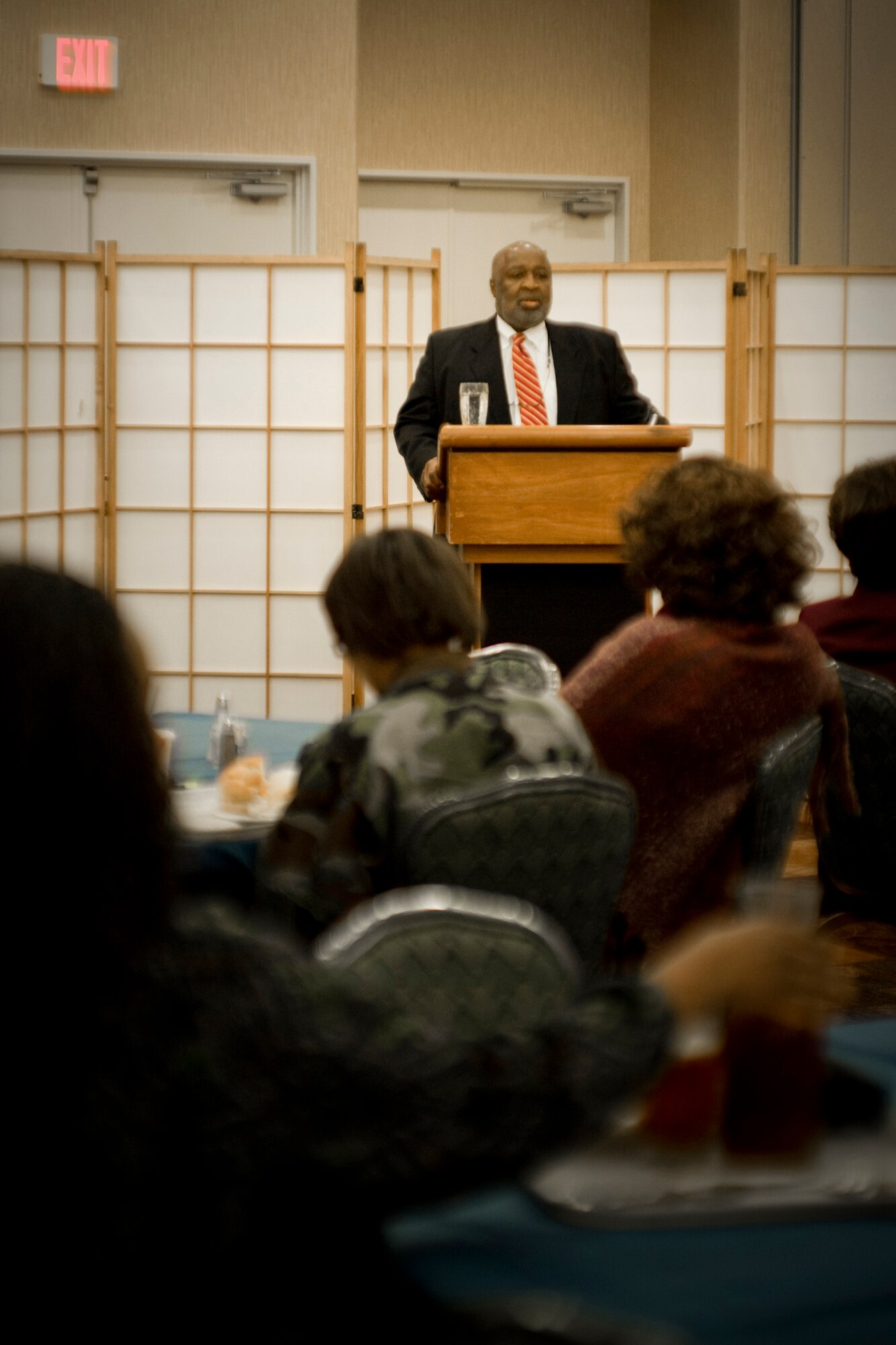 MISAWA AIR BASE, Japan -- Federal Judge Sterling Johnson, judge for the Eastern District of New York, gives remarks during a luncheon Feb. 10 at the collocated club. During the session, Judge Johnson spoke on his life's journey and the opportunities available to African-Americans in today's society. The judge also thanked Misawa Air Base and the U.S. military for their commitment to the defense of America. (U.S. Air Force photo/Senior Airman Jamal D. Sutter)