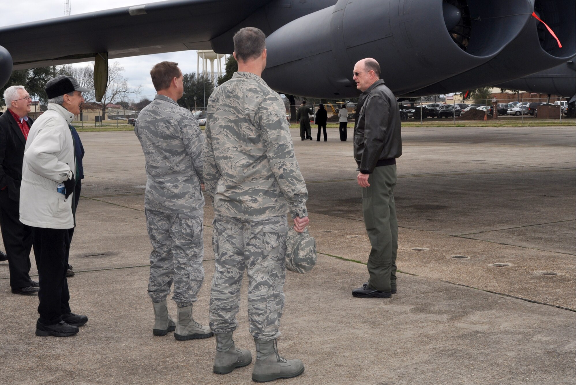 Lt. Col. Bruce Gootee, assistant director of operations for the 93rd Bomb Squadron on Barksdale Air Force Base, La., shares information and answers questions about one of the 917th Wing’s B-52 Stratofortresses on Feb. 5, 2010 during the wing’s Clergy Day. A group of spiritual leaders from the local community visited Barksdale and got the opportunity to tour the base and aircraft here while learning about different ways they can support Airmen in their congregations. (U.S. Air Force Photo/Senior Airman Crystal Marie Jordan)