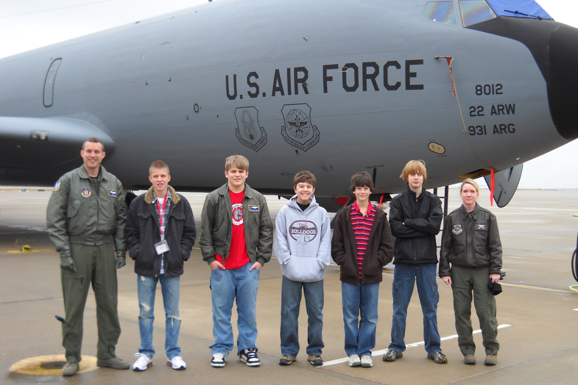 Airmen of the 931st Air Refueling Group welcomed members of the Derby Middle School Gifted Class to McConnell Air Force Base, Kan., on Feb. 5. The students toured areas of the 931st that related to their career interests. The 931st is an Air Force Reserve unit at McConnell. (Courtesy photo)          
