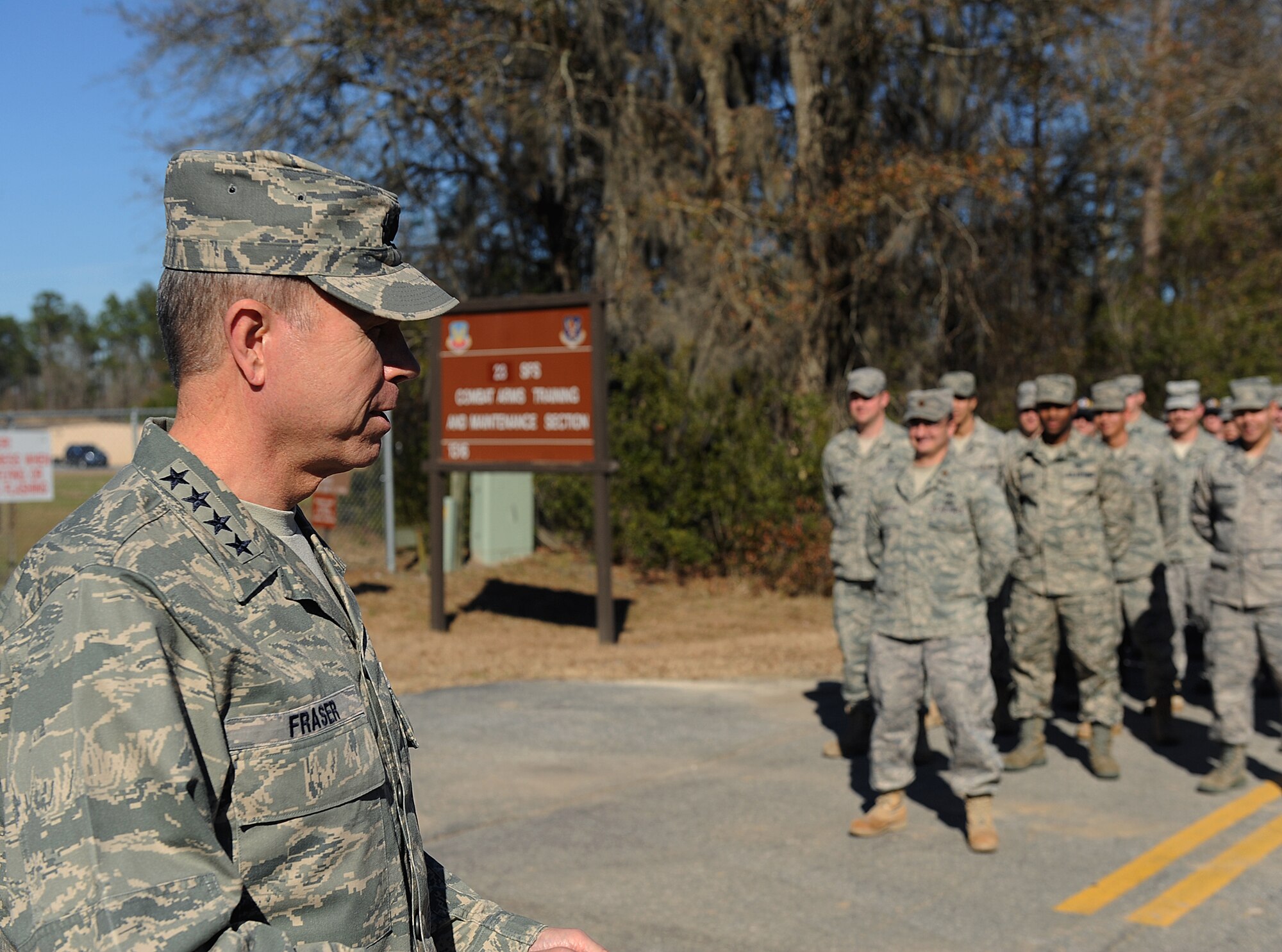 MOODY AIR FORCE BASE, Ga. -- Gen. William M. Fraser III, Air Combat Command commander, provides opening remarks at the new Explosive Ordnance Disposal facility ribbon cutting ceremony here Jan. 27. General Fraser attended the ribbon cutting ceremony during his base visit of Moody. (U.S. Air Force photo by Airman 1st Class Joshua Green)