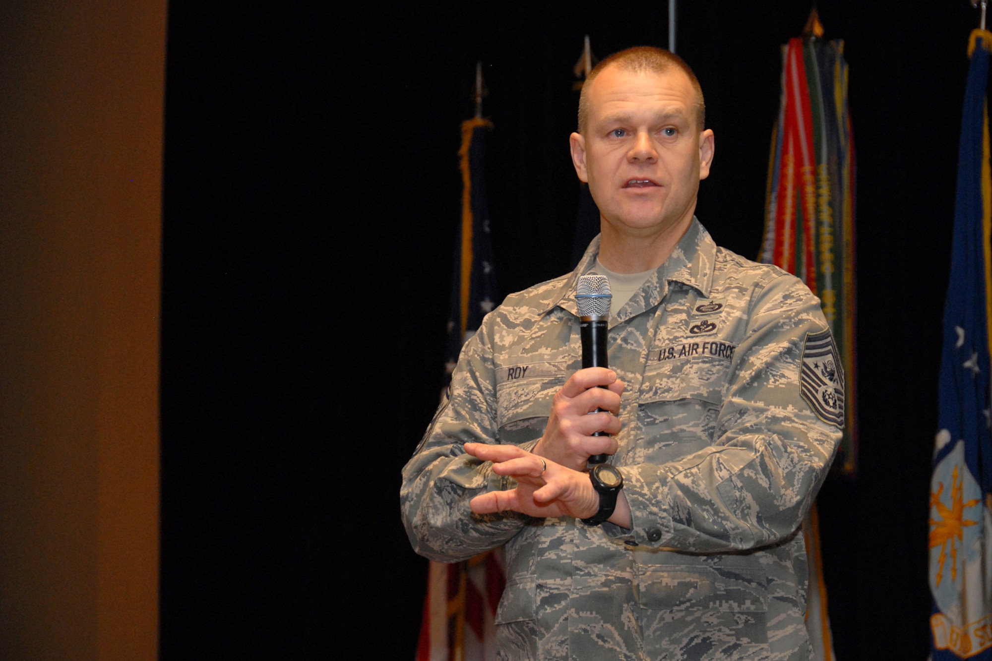 Chief Master Sergeant for the Air Force James A. Roy addressed approximately 360 Soldiers and Airmen at the third "Joint" Michigan National Guard Senior Noncommissioned Officer Conference Feb. 6, 2010 in Grand Rapids, Mich. Roy, a Monroe, Mich. native, represents the highest enlisted level of leadership for the Air Force. (USAF photo by MSgt. Clancey Pence)