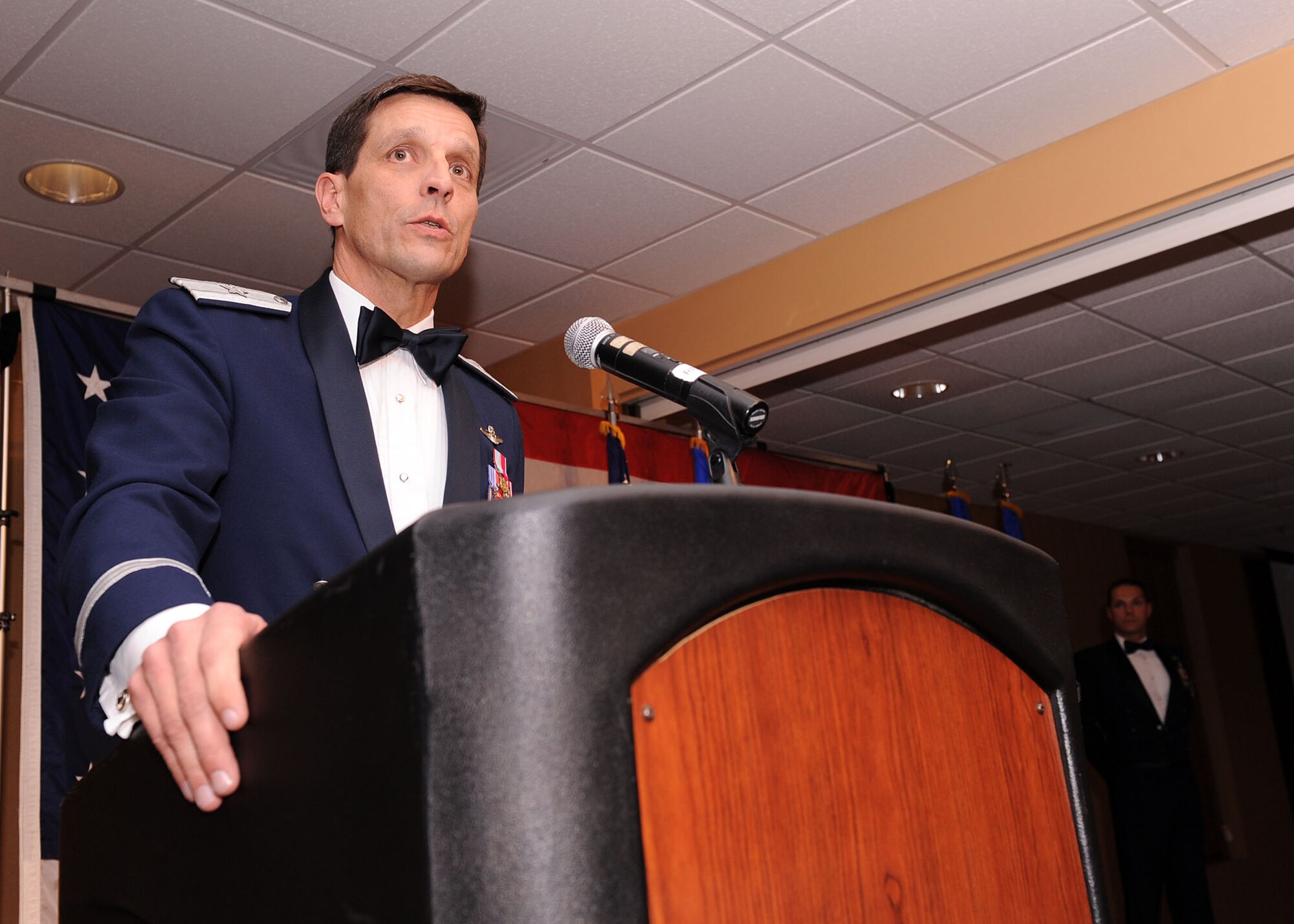 Brig. Gen. Paul Johnson, 355th Fighter Wing commander, speaks to the audience at Operation Excellence "Best of the Best 2009" at the Mirage Club here Jan. 30. More than 350 people attended the ceremony, which recognized both military members and civilians for exemplary performance. (U.S. Air Force photo/Senior Airman Jacqueline Romero)

