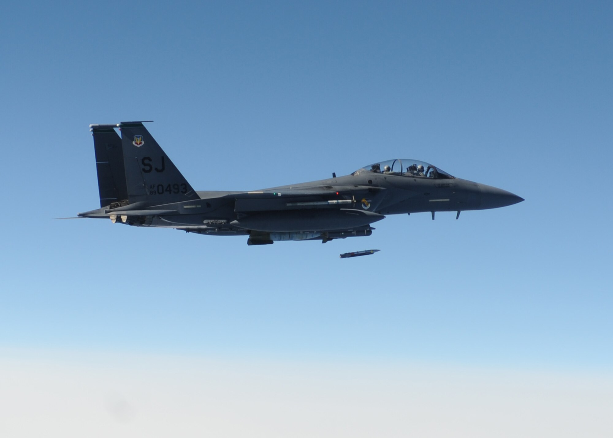 An F-15E Strike Eagle from the 4th Fighter Wing drops a Small Diameter Bomb during a Combat Hammer mission Feb. 3 at Eglin Air Force Base, Fla.  Combat Hammer is an Air-to-Ground Weapons System Evaluation Program controlled by the 86th Fighter Weapons Squadron.  The F-15s from Seymour Johnson AFB, N.C., participated in the week-long evaluation dropping GPS and laser-guided weapons.  The WSEP was the first evaluation of SDBs at Eglin and first evaluation of Laser Joint Direct Attack Munitions in a Combat Hammer.  The WSEP program, run by the 53d Weapons Evaluation Group, is used to evaluate the effectiveness and suitability of combat air force weapon systems. The evaluations are accomplished during tactical deliveries of fighter, bomber and unmanned aerial system precision guided munitions, on realistic targets with air-to-air and surface-to-air defenses. For many of the aircrew participating in WSEP, it is the first time employing live weapons. This provides a level of combat experience many units face during combat.  (U.S. Air Force photo/Maj. Scott Alford.)