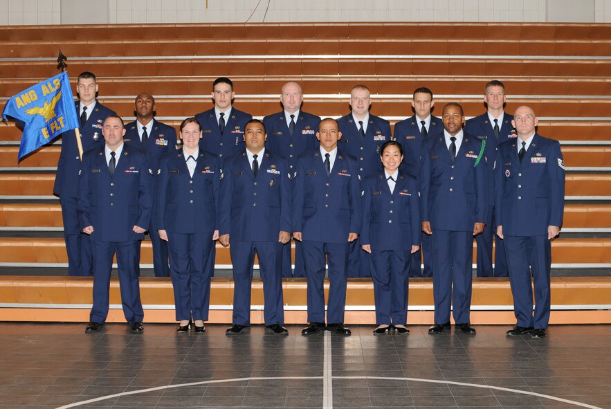 McGHEE TYSON AIR NATIONAL GUARD BASE, Tenn. -- Airman Leadership School Class 10-1, E-Flight, gathers at The I.G. Brown Air National Guard Training and Education Center here, Jan. 25, 2010.  Pictured (L-R front row) are Senior Airman Ronald C. Wightman; Senior Airman Alina M. Johnson; Senior Airman Vincent L. Herrera; Senior Airman Andrew P. Quintanilla; Senior Airman Lacey N. Kaneshiro; Senior Airman Hosea L. Banks; Tech. Sgt. Don Pierson, ALS instructor; (L-R back row) Senior Airman Chase A. Guldenpfennig; Senior Airman Marcus T. Richards; Senior Airman Jeffery J. Raine; Senior Airman Jamin P. Stevenson; Senior Airman Jeffrey J. Enters; Senior Airman Rafael M. La Rubia; and Senior Airman William Q. Young. (U.S. Air Force photo by Master Sgt. Kurt Skoglund/Released)