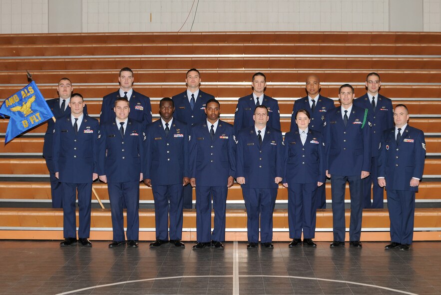 McGHEE TYSON AIR NATIONAL GUARD BASE, Tenn. -- Airman Leadership School Class 10-1, D-Flight, gathers at The I.G. Brown Air National Guard Training and Education Center here, Jan. 25, 2010.  Pictured (L-R front row) are Senior Airman Brett W. Johnson; Senior Airman Brandon S. Dye; Senior Airman Montravius C. Baxter, Sr.; Staff Sgt. Deadrick L. Barnes; Senior Airman Mark B. Pill; Senior Airman Christin C. Rogers; Senior Airman Jeffrey C. Turner; Tech. Sgt. Matthew Grumbach, ALS instructor; (L-R back row) Senior Airman Jacob F. Daniels; Senior Airman Robin P. Bowen; Senior Airman Cameron S. Daniel; Senior Airman Brandon S. Thompson;  Senior Airman Michael R. Mahilum; and Senior Airman Michael D. Wallace. (U.S. Air Force photo by Master Sgt. Kurt Skoglund/Released)