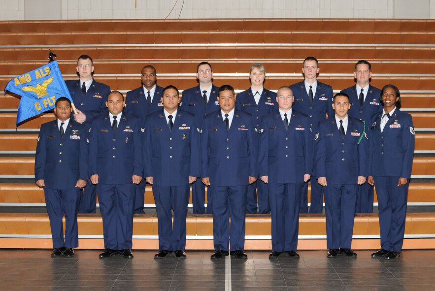 McGHEE TYSON AIR NATIONAL GUARD BASE, Tenn. -- Airman Leadership School Class 10-1, C-Flight, gathers at The I.G. Brown Air National Guard Training and Education Center here, Jan. 25, 2010.  Pictured (L-R front row) are Senior Airman Engels Sambois; Senior Airman William T. Walker; Senior Airman Francisco J. Toves; Senior Airman Mark B. Perez; Senior Airman Jarvis F. Colvin; Staff Sgt. Leopoldo Garcia; Tech. Sgt. Janice M. Ladd, ALS instructor; (L-R back row) Senior Airman Christopher J. Thomas; Senior Airman Michael J. Weir; Senior Airman Joshua K. Johnson; Senior Airman Patricia R. Haynes; Senior Airman Jonathan K. Wainman; and Senior Airman Paul J. Mattorano, Jr.  (U.S. Air Force photo by Master Sgt. Kurt Skoglund/Released)