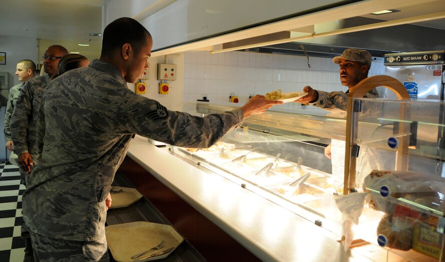 RAF MILDENHALL, England -- Outstanding performers from the 100th Air Refueling Wing prepares to eat lunch with Chief Master Sgt. Dennis Vannorsdall, 3rd Air Force command chief, at the Hardstand Cafe Feb. 9.  The lunch was part of several stops made by Chief Vannorsdall during his visit to RAF Mildenhall.  (U.S. Air Force photo/Staff Sgt. Christopher L. Ingersoll)