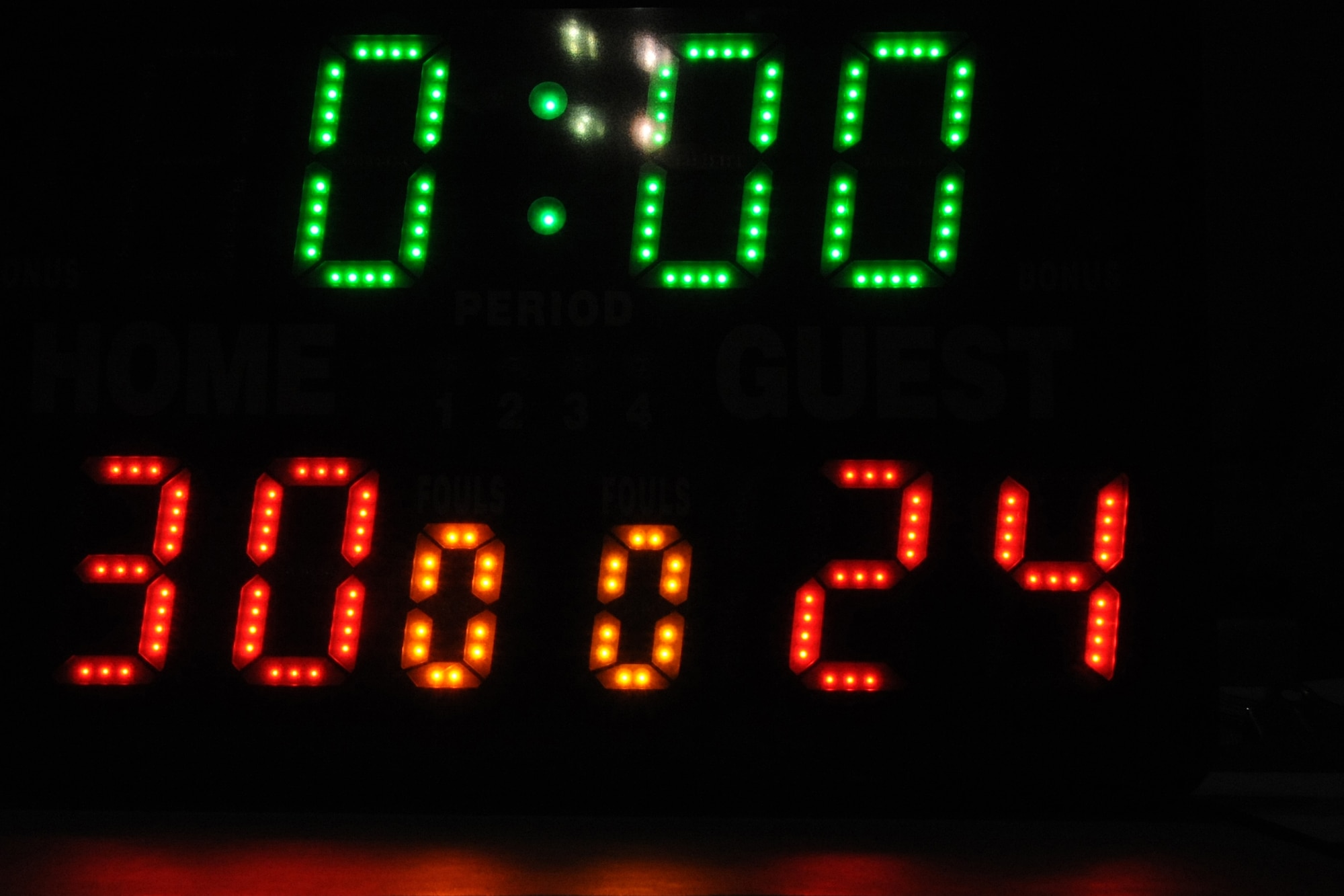 The score board showing the final score between the 380th Expeditionary Civil Engineer Squadron and the 380th Expeditionary Security Forces Squadron lights up during the intramural basketball championshiop game against the 380th expeditionary civil engineer squadron at undisclosed location in Southwest Asia on Feb. 5, 2010. ECES won the game 29 to 24.(U.S. Air Force photo/Senior Airman Jenifer H. Calhoun/Released)
