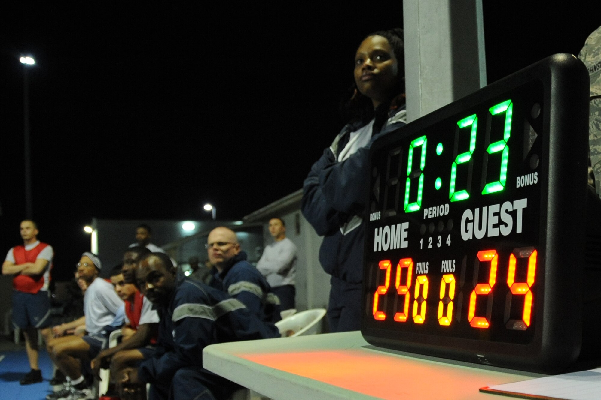 Members of the 380th Expeditionary Security Forces Squadron watch the final moments of the intramurals basketball championship game against the 380th Expeditionary Civil Engineer Squadron at undisclosed location in Southwest Asia on Feb. 5, 2010. ECES won the game 30 to 24.(U.S. Air Force photo/Senior Airman Jenifer H. Calhoun/Released)
