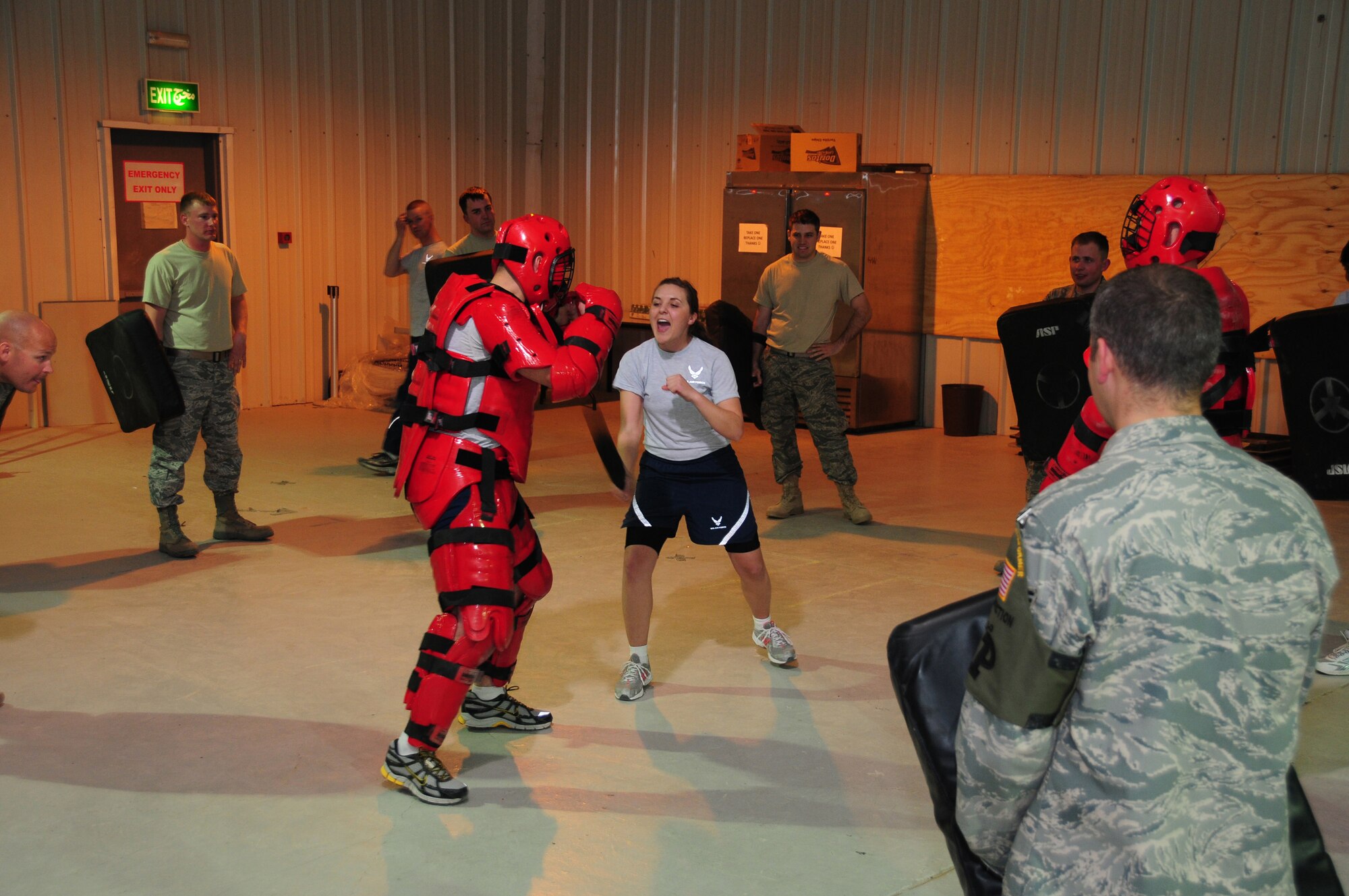 U.S. Air Force Senior Airman Sarah Dorris, a radar systems maintenance technician for the Kingsley Field Air National Guard, practices techniques she learned during 386th Expeditionary Security Forces Squadron Force Protection asp training Feb. 9, 2010 at an air base in Southwest Asia. The 386th ESFS conducts the training in order to prepare force protection personnel for any hostile situations that may arise. (U.S. Air Force photo by Staff Sgt. Lakisha A. Croley/Released)