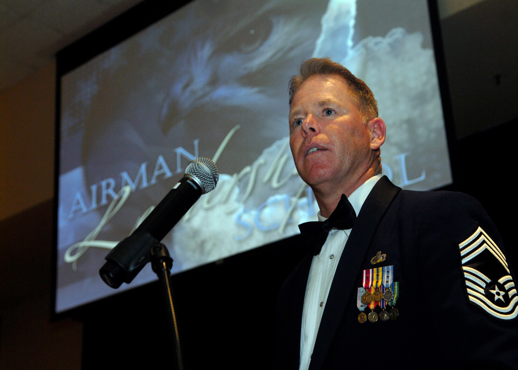 VANDENBERG AIR FORCE BASE, Calif. -- Chief Master Sgt. Frank Barbe gives a speech during the most recent Airman Leadership School graduation here Tuesday, Feb. 9, 2010. Chief Barbe spoke about the importance of being a good supervisor and making the right decisions. (U.S. Air Force photo/Senior Airman Ashley Reed)