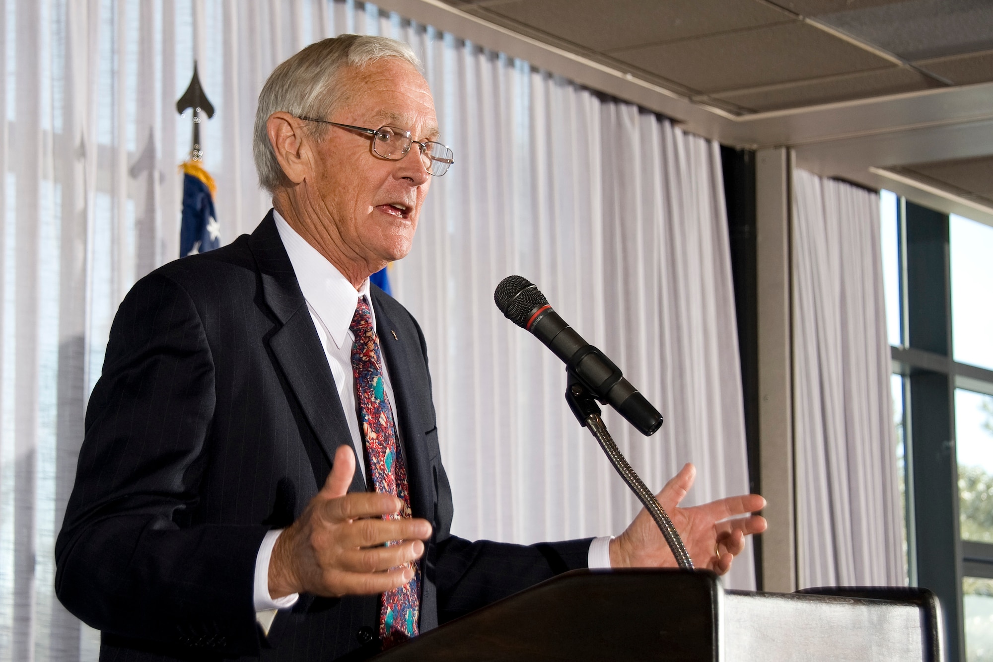 Retired Brig. Gen. Charles Duke Jr. speaks at the Air Force Academy's National Prayer Luncheon Feb. 9, 2009, at the Academy's Falcon Club. General Duke, a former astronaut who walked on the Moon's surface, spoke about "America's Godly Heritage" to an audience of about 500. (U.S. Air Force photo/Bill Evans)